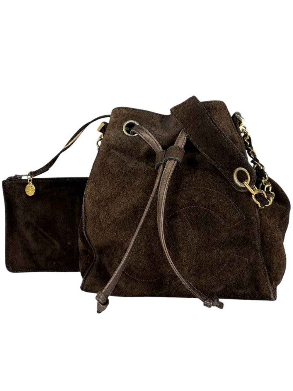 Chanel Shoulder Bag CC Logo Drawstring Suede Brown